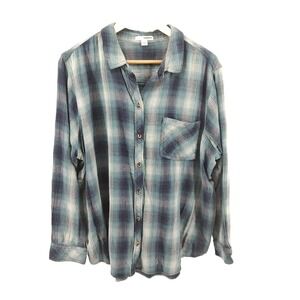 Sonoma Plaid Button Up‎ Top Sz XXL Navy Blue Teal Western Boho Fall Soft Cowgirl